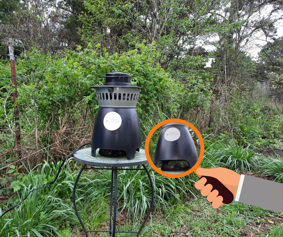 Shown: The Ambush Mosquito Trap set on the wooded edge of our property line, dutifully catching the various stinging and biting insects that normally plague us each spring!