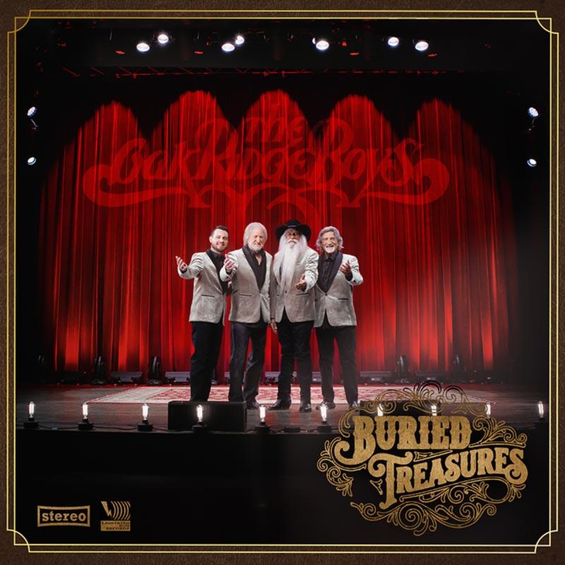 The Oak Ridge Boys stand before a red theater curtain on the Buried Treasures album cover