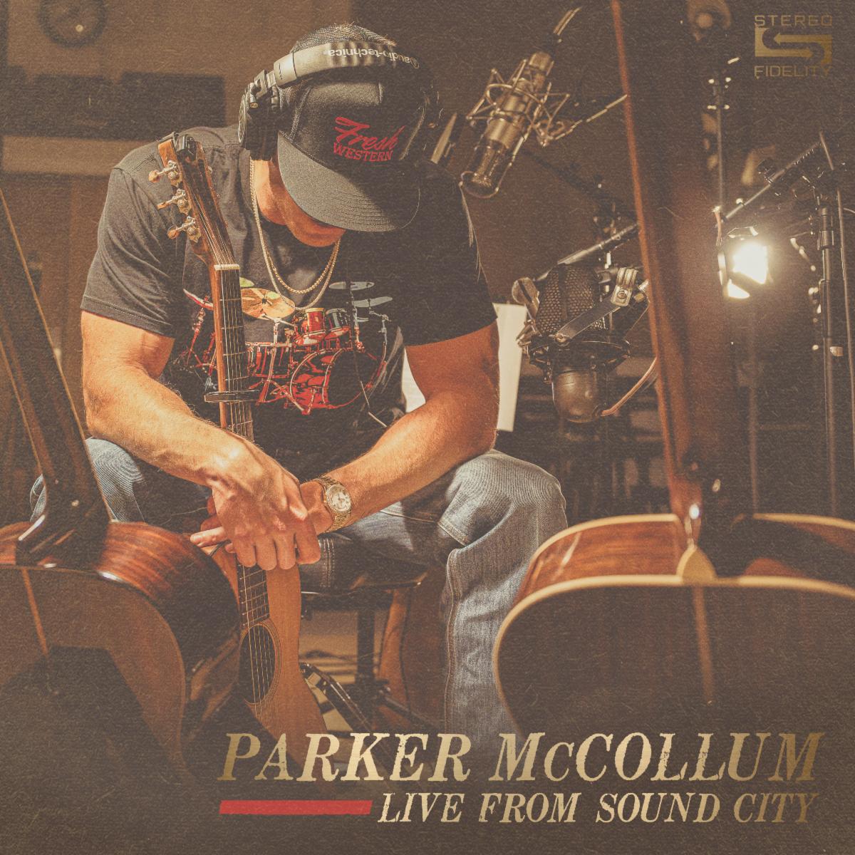 Parker McCollum seated with an acoustic guitar on the Live From Sound City album artwork.
